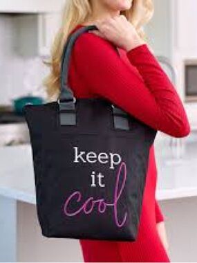 NEW WITH TAGS Tastefully Simple Keep It Cool Black Tote Bag with Pink Script